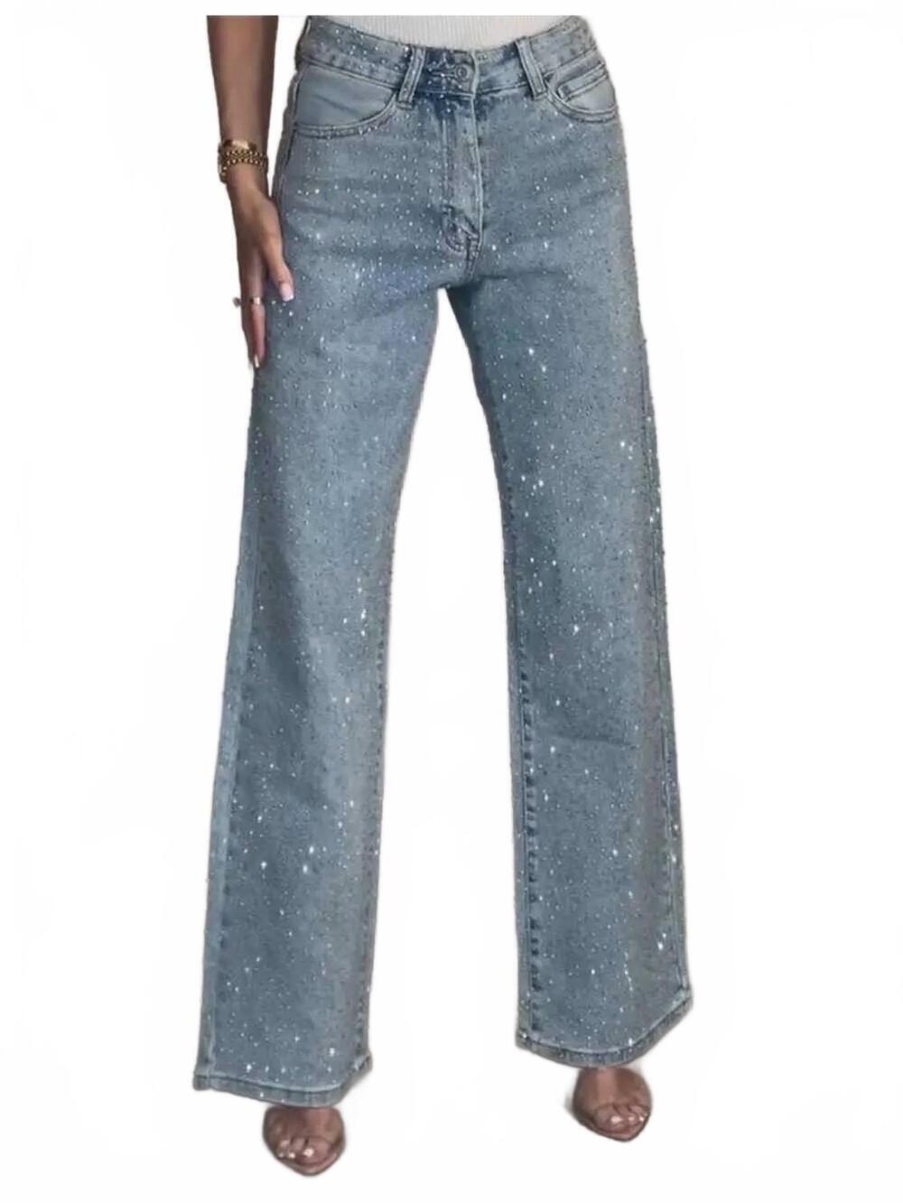 NEW SWEETKAMA women's rhinestone button front straight leg pants in denim blue
